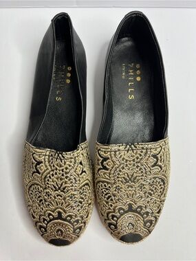 7 Hills Living Embroidered Flats - Black & Gold Artisan Loafers - Size 41 (10)